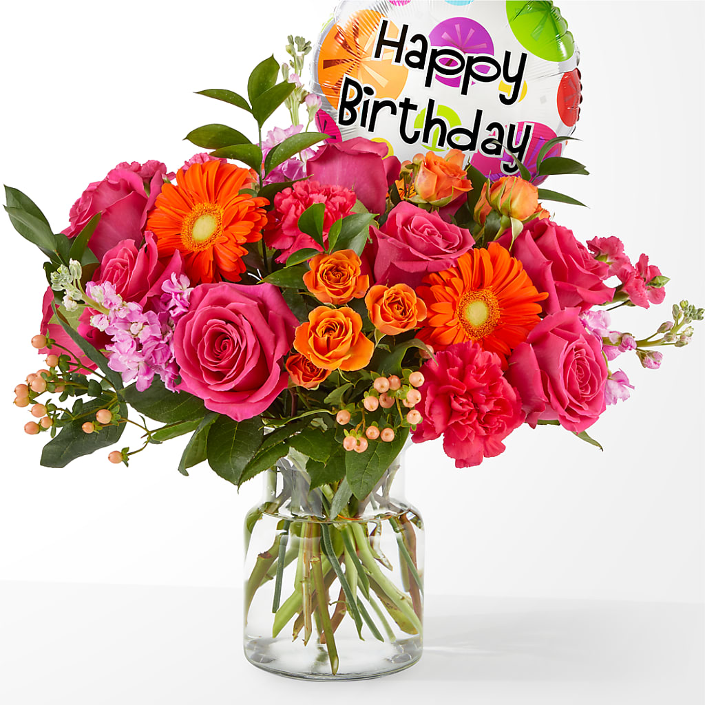 Fiesta Bouquet with Birthday Balloon – Loop Flower Studio, Chicago IL