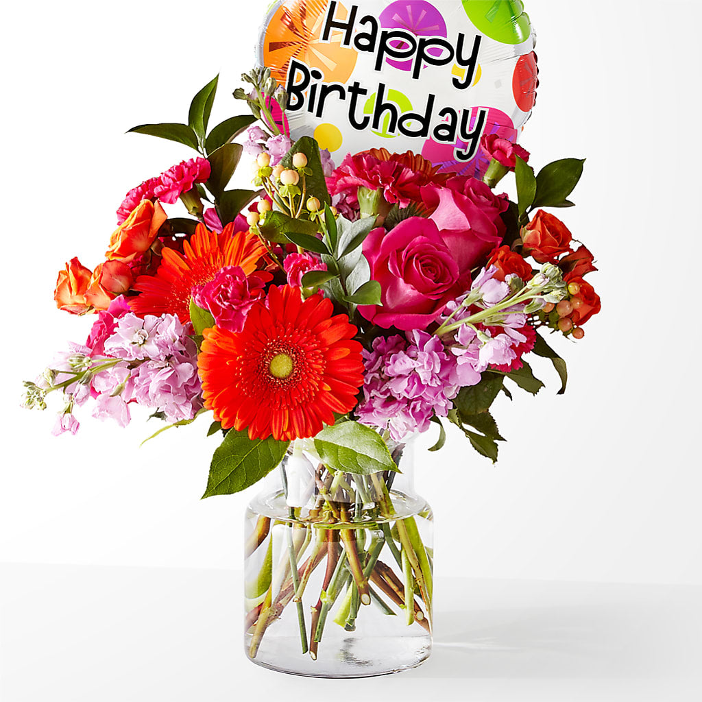 Fiesta Bouquet with Birthday Balloon – Loop Flower Studio, Chicago IL