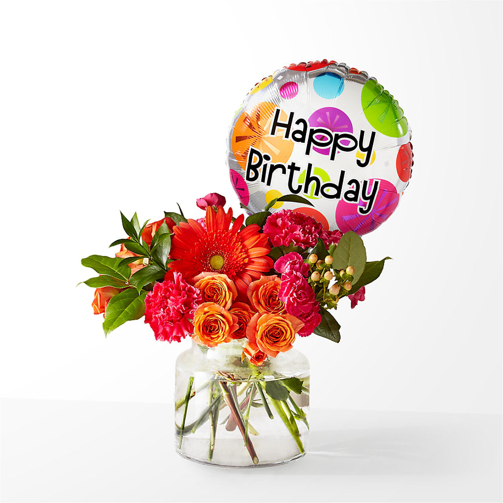 Fiesta Bouquet with Birthday Balloon – Loop Flower Studio, Chicago IL