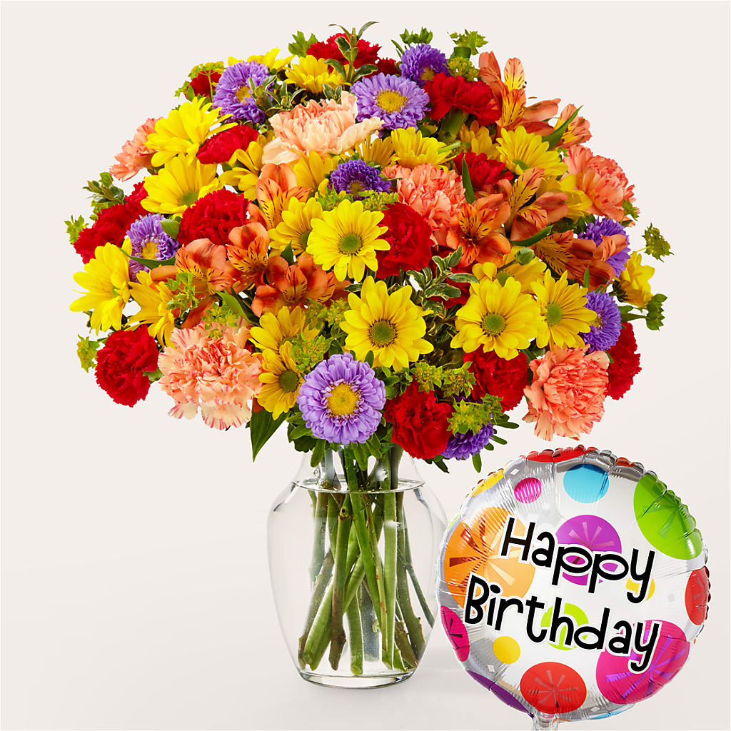 Kaleidoscope Bouquet with Birthday Balloon – Loop Flower Studio, Chicago IL