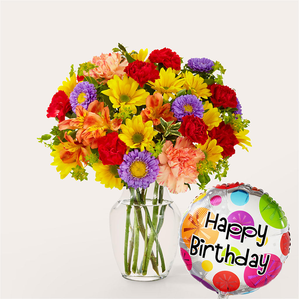 Kaleidoscope Bouquet with Birthday Balloon – Loop Flower Studio, Chicago IL